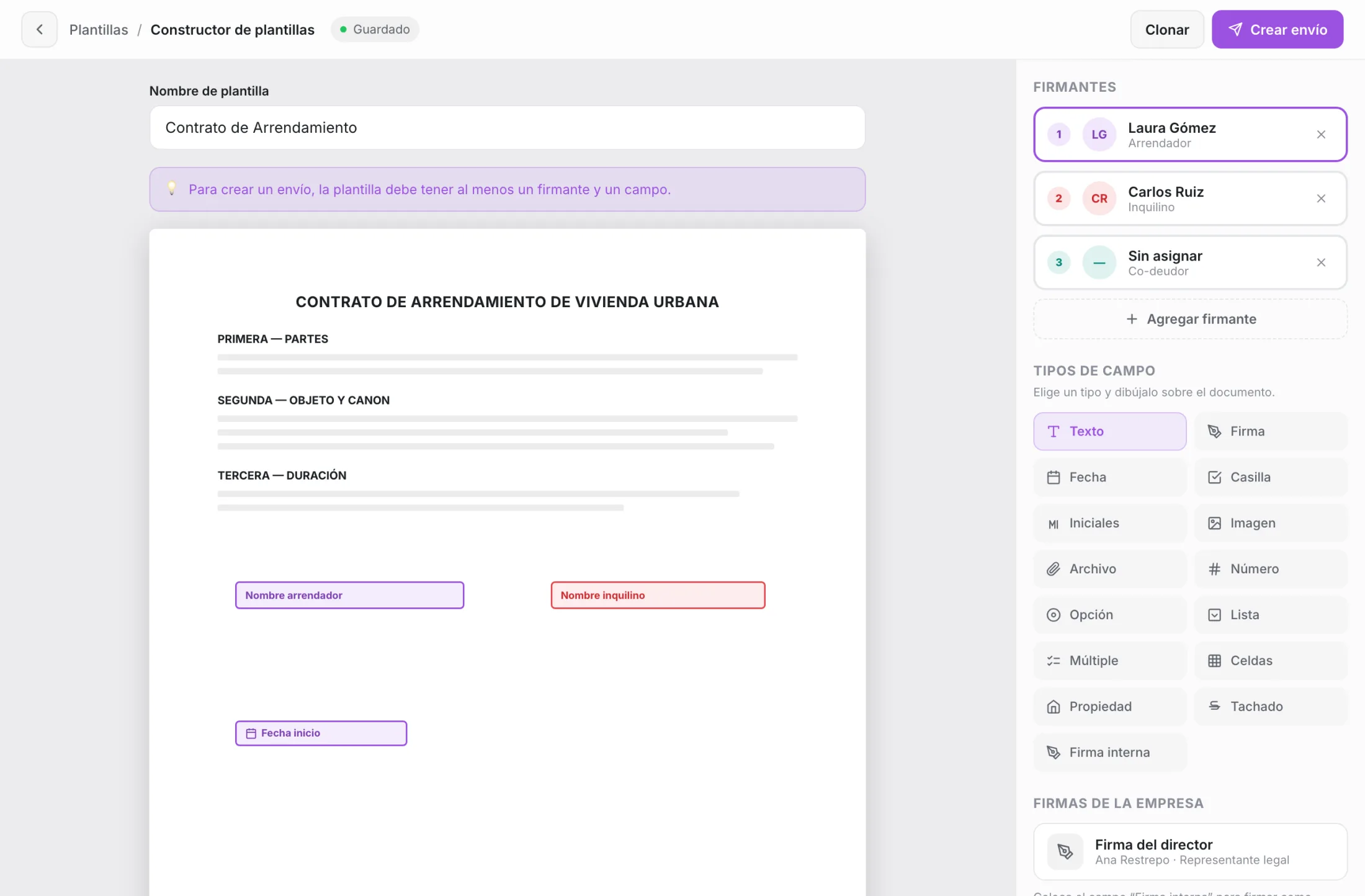 Constructor de contratos: firmantes, campos de firma y datos sobre el documento