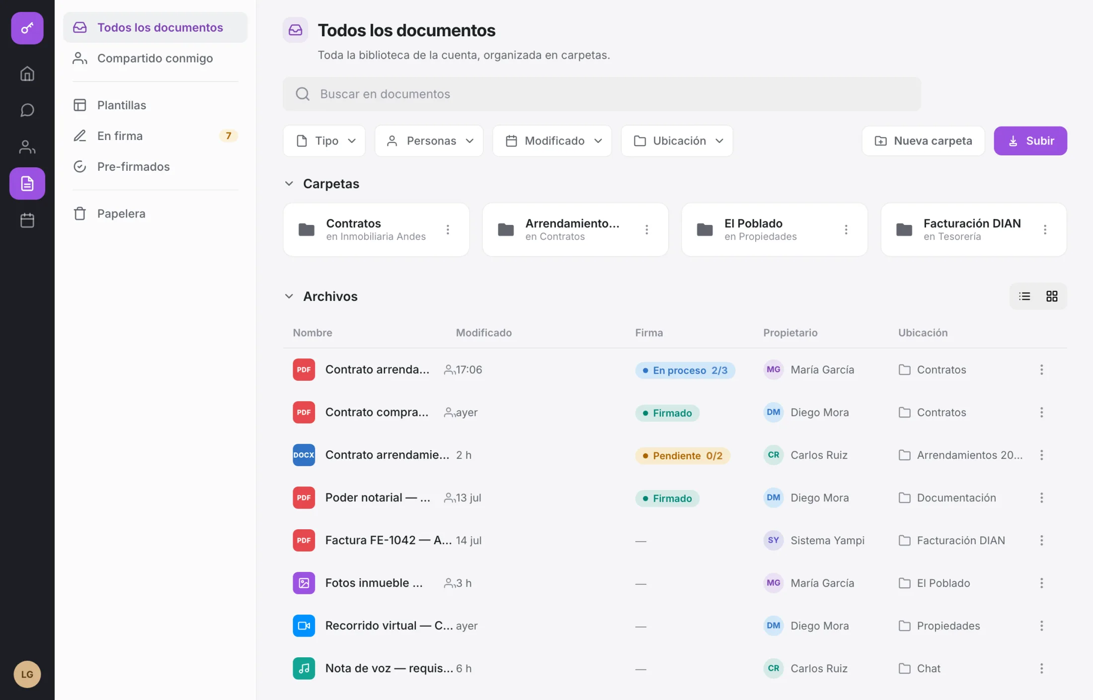 Biblioteca de documentos: contratos, soportes y anexos con su estado