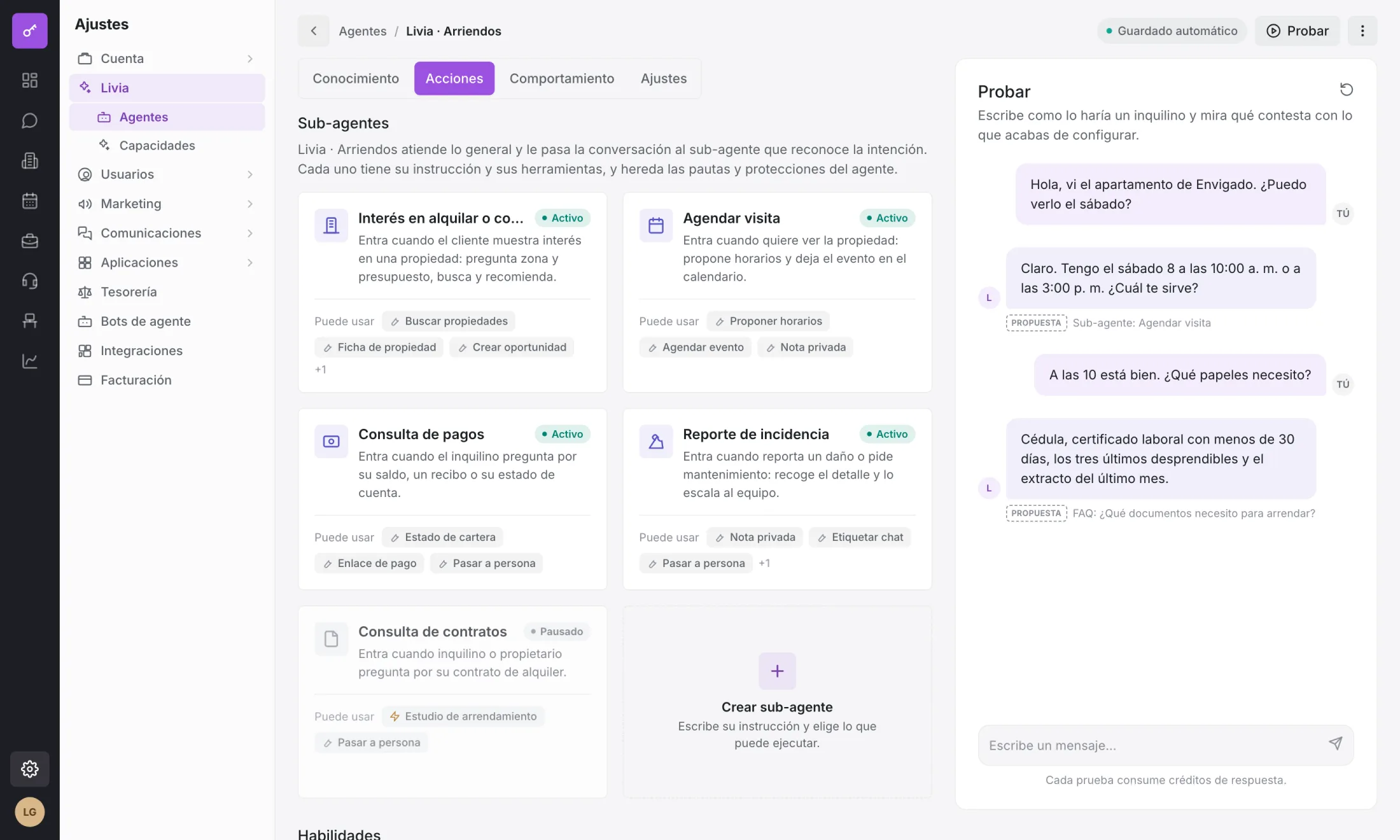 Configuración de un agente de Livia: sus sub-agentes, las herramientas que puede usar y la sala de pruebas