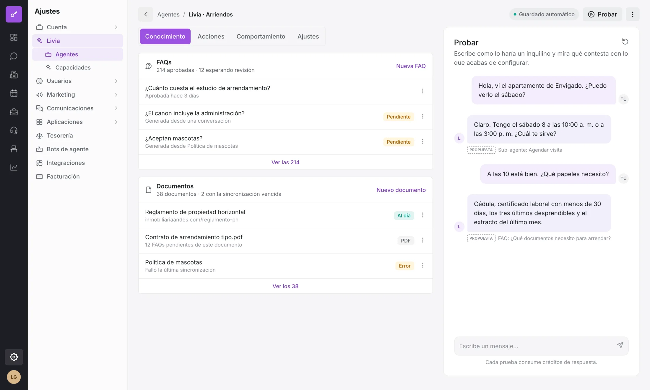 Pestaña de conocimiento de un agente: documentos, preguntas frecuentes y escenarios cargados