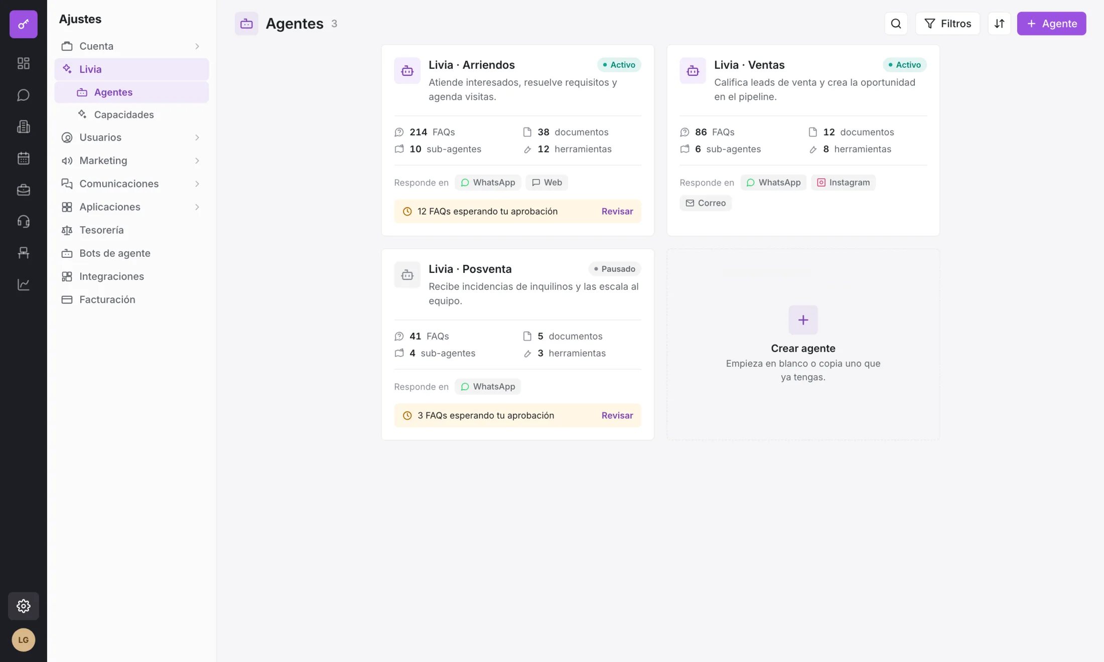 Lista de agentes de Livia configurados, cada uno con su estado y su alcance