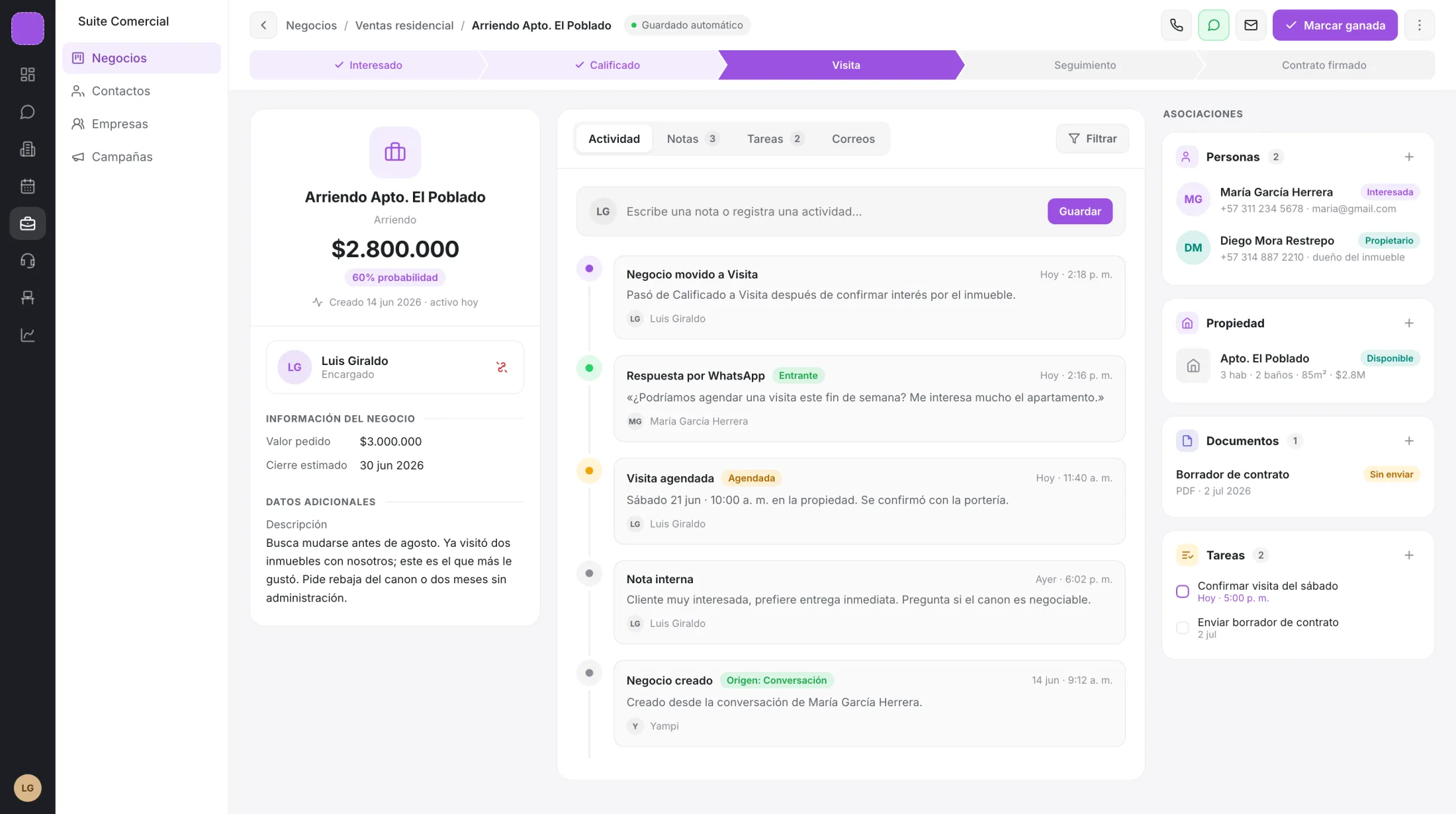 Ficha de una oportunidad: valor, probabilidad, cierre estimado y actividad de la conversación
