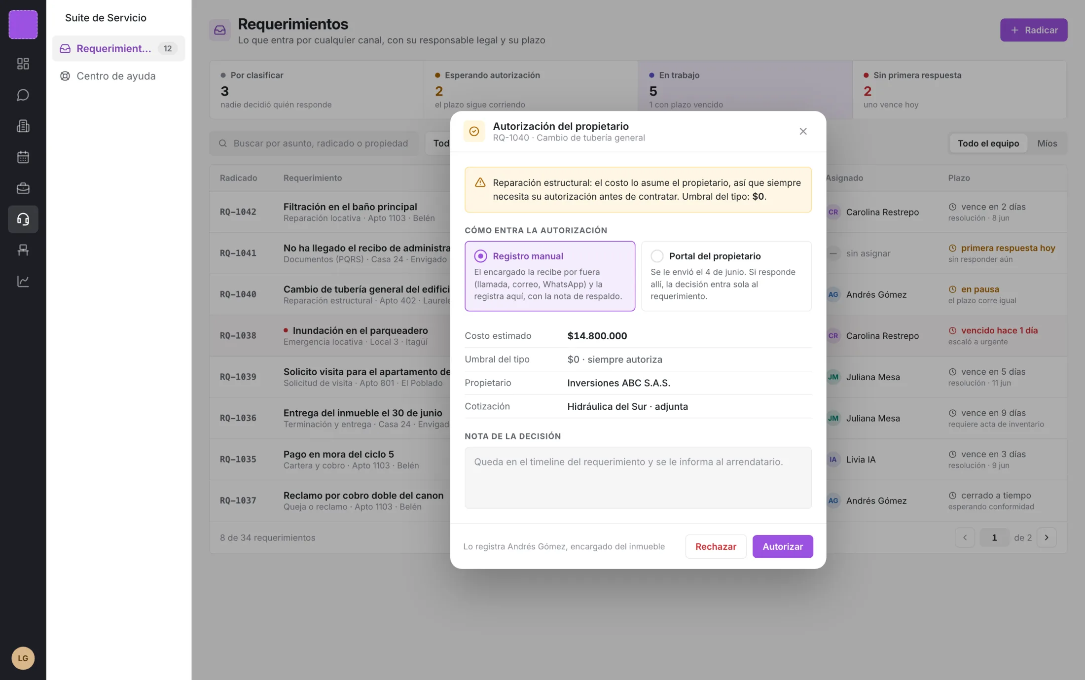 Solicitud de autorización al propietario, con el monto y el registro de quién aprueba